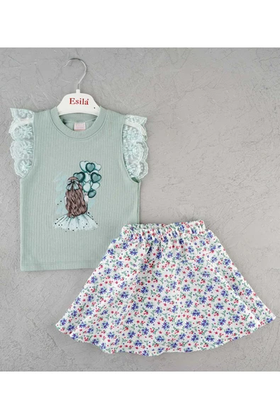 ESİLA KİDS Kız çocuk baskılı şort etekli badili takım 3-6 - Resim 3