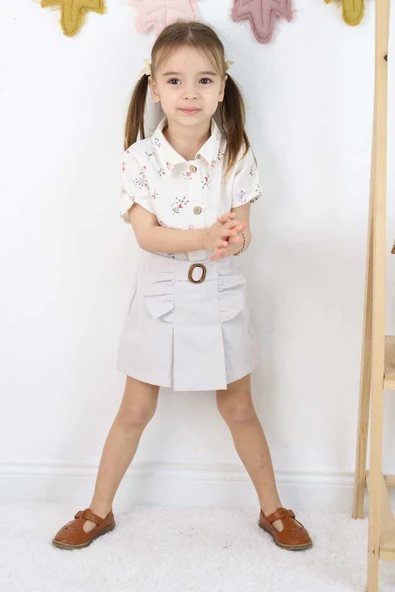 ESİLA KİDS Kız Çocuk Etekli Şortlu Takım Bayramlık Çiçek Desenli Gömlek 3-6 Yaş - 7