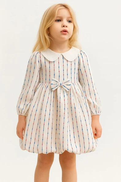 ESİLA KİDS Kız Çocuk Elbise Brode Yakalı Çizgili Balon Etek Elbise Uzun Kollu Kuşaklı 3-7 Yaş - Resim 3