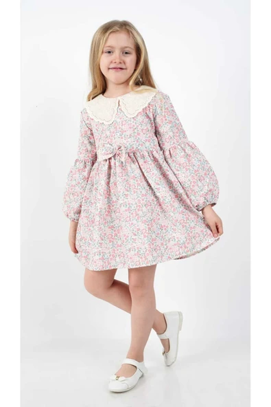 ESİLA KİDS Kız Çocuk Elbise Uzun Kollu Mevsimlik Çiçek Desenli Bebe Yaka Elbise 3-7 YAŞ - Resim 2