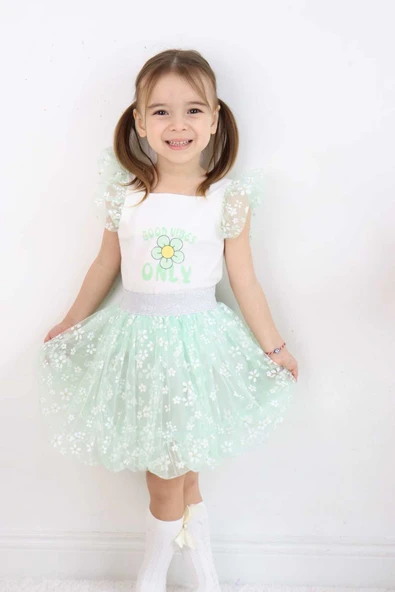 ESİLA KİDS Kız Çocuk Takım Tüllü Balon Etek Ve Üst 2'li Baskılı Kolları Fırfırlı Takım 3-6 Yaş - Resim 9