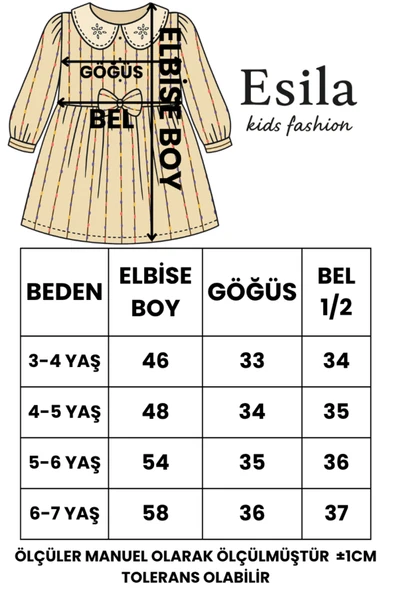 ESİLA KİDS Kız Çocuk Elbise Brode Yakalı Çizgili Balon Etek Elbise Uzun Kollu Kuşaklı 3-7 Yaş - Resim 5
