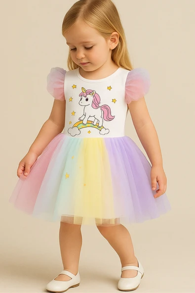 ESİLA KİDS Kız Çocuk Unicorn Elbise Tüllü Elbise Rengarenk Doğum Günü Ve Parti Elbisesi 1-9 Yaş - Resim 3