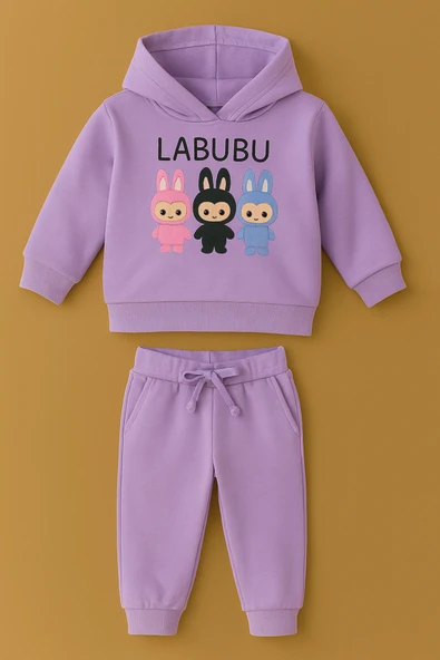 ESİLA KİDS Kız Çocuk Eşofman Takımı Labubu Takım Kapüşonlu Baskılı Sweatshirt ve Pantolon - 3