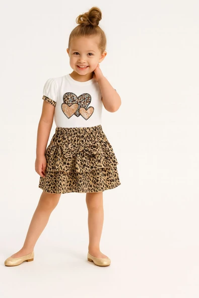 ESİLA KİDS Kız Çocuk Leopar Desenli 2'li Takım Kalpli Baskılı Balon Kollu Tişört ve Fırfırlı Etek 3-6 Yaş - Resim 6