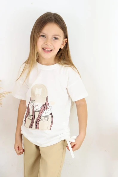 ESİLA KİDS Kız Çocuk Takım Şapkalı Kız Baskılı Tişört Ve Bej Bol Paça Pantolon Alt Ve Üst Takım 6-13 Yaş - 4