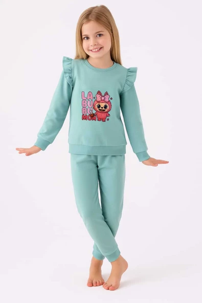 ESİLA KİDS Kız Çocuk Takım Pembe Labubu Baskılı Fırfırlı Sweatshirt ve Eşofman Altı Takım 5-8 yaş - Resim 4