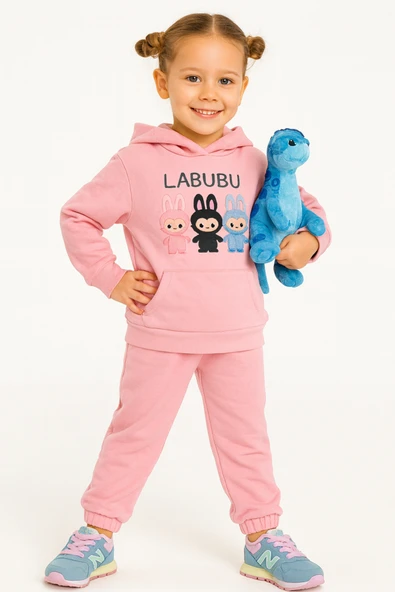 ESİLA KİDS Kız Çocuk Eşofman Takımı Labubu Takım Kapüşonlu Baskılı Sweatshirt ve Pantolon - 7