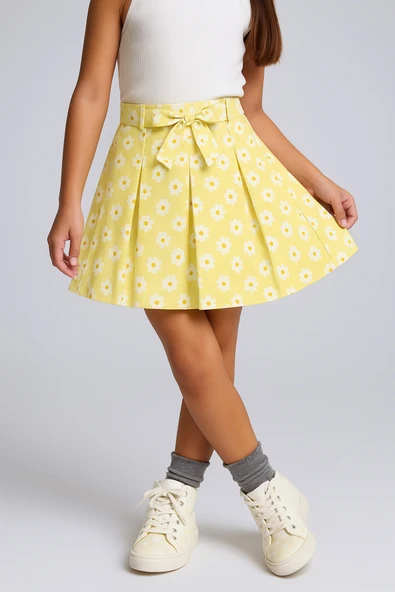 ESİLA KİDS Kız Çocuk Etek Fermuar Kapamalı Çiçek Baskılı Pileli Etek 4-10 Yaş - 4