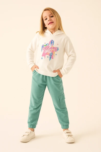 ESİLA KİDS Kız Çocuk Takım Kapüşonlu Sweatshirt ve Kargo Cepli Eşofman Altı 2’li Spor Kombin 4-8 yaş - Resim 3