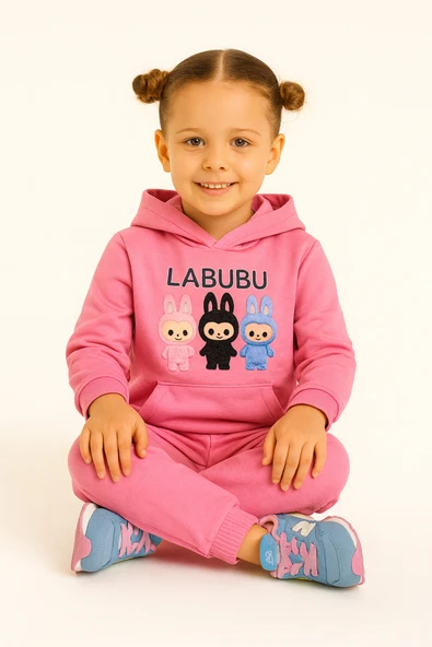 ESİLA KİDS Kız Çocuk Eşofman Takımı Labubu Takım Kapüşonlu Baskılı Sweatshirt ve Pantolon - 5