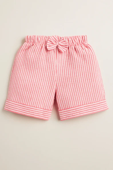 ESİLA KİDS Kız Çocuk Yazlık Şort Çizgili Fiyonklu Rahat Kesim Pamuklu Double Paçalı Bermuda Şort 3-6 yaş - Resim 7