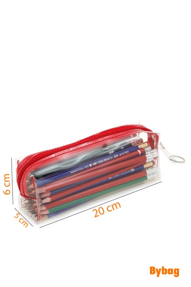 Kırmızı Fermuarlı Kaliteli PVC Şeffaf Kalemlik Makyaj Çantası Kalem Kutusu - 7