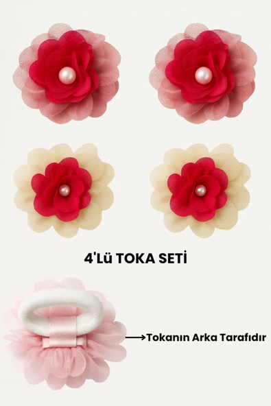 ESİLA KİDS Toka Kız Çocuk Toka 4'lü Toka Çiçek Desenli İnci Detaylı Lastikli Saç Tokası Bej ve Gül Kurusu ürün görseli