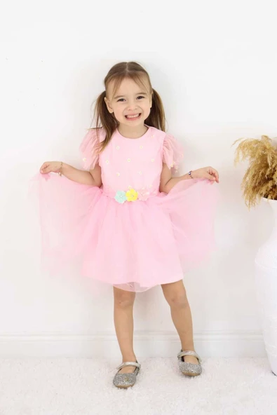 ESİLA KİDS Kız Çocuk Elbise Kemerli Kolu Fırfırlı Tüllü Elbise Astarı Penye Özel Günler Için 2-6 Yaş ürün görseli