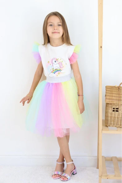 ESİLA KİDS Kız Çocuk Takım Unicorn Renkli Tütü Etekli Şık Takım Yazlık Parti Ve Doğum Günü Seti 3-6 Yaş ürün görseli