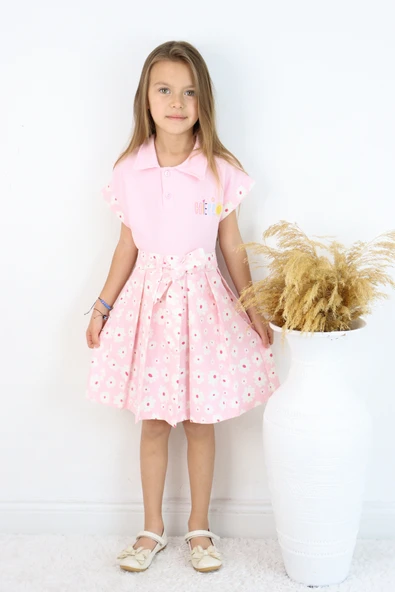 ESİLA KİDS Kız Çocuk Takım Polo Yaka Çiçek Desenli Kemerli Pileli Etek 2’li Takım Yazlık Kombin 4-8 yaş - 5