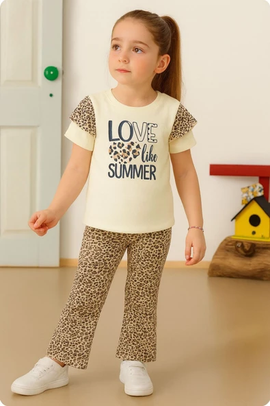 ESİLA KİDS Kız Çocuk Leopar Desenli Yazlık Ikili Takım Kısa Kollu Tişört Ve Tayt - Resim 4