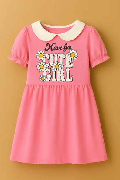 ESİLA KİDS Kız Çocuk Bebe Yaka Kısa Kollu Elbise -şık Ve Rahat Günlük Elbise 3-10 yaş - Resim 2