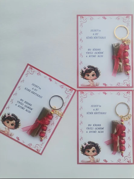 100 Adet Kişiye Özel 6 Ay Kına Hatırası Kırmızı Anahtarlık ve Paketlenmiş Kına Dağıtmalık Hediyelik - Resim 6