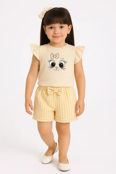ESİLA KİDS Kız Çocuk Fiyonklu Şortlu Takım Yazlık Pamuklu Sevimli Baskılı 2'li Takım 2-5 Yaş - Resim 3