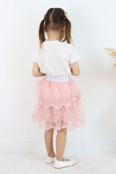 ESİLA KİDS Kız Çocuk Takım Çiçek Nakışlı Tişört ve Kat Kat Dantel Etekli - Resim 4