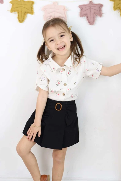 ESİLA KİDS Kız Çocuk Etekli Şortlu Takım Bayramlık Çiçek Desenli Gömlek 3-6 Yaş