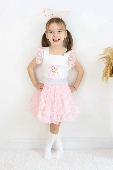 ESİLA KİDS Kız Çocuk Takım Tüllü Balon Etek Ve Üst 2'li Baskılı Kolları Fırfırlı Takım 3-6 Yaş ürün görseli