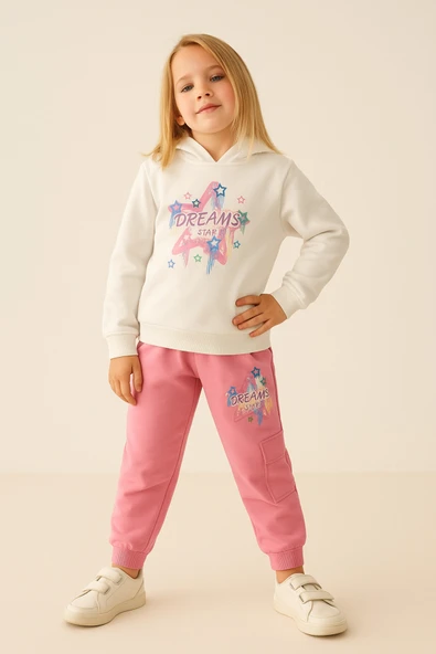 ESİLA KİDS Kız Çocuk Takım Kapüşonlu Sweatshirt ve Kargo Cepli Eşofman Altı 2’li Spor Kombin 4-8 yaş - Resim 5