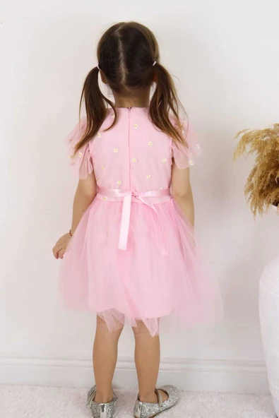ESİLA KİDS Kız Çocuk Elbise Kemerli Kolu Fırfırlı Tüllü Elbise Astarı Penye Özel Günler Için 2-6 Yaş - Resim 2