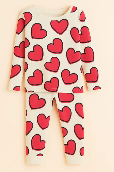 ESİLA KİDS Kız Çocuk Takım Kalp Desenli Uzun Kollu Pamuklu Kız Çocuk Pijama Takımı 2-6 yaş - Resim 2