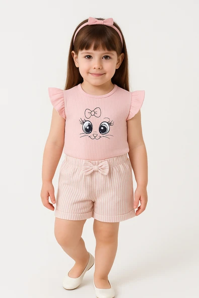 ESİLA KİDS Kız Çocuk Fiyonklu Şortlu Takım Yazlık Pamuklu Sevimli Baskılı 2'li Takım 2-5 Yaş - Resim 9