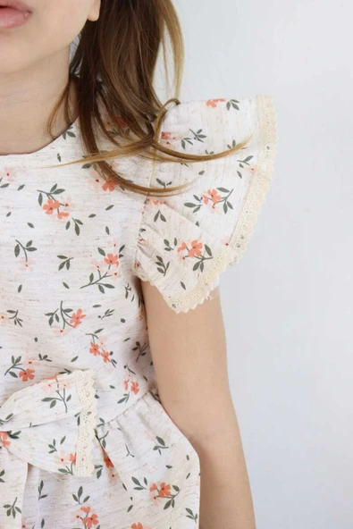 ESİLA KİDS Kız Çocuk Elbise Bayramlık Elbise Çiçek Desenli Fiyonk Detaylı Büzgülü Kollu 3-6 Yaş - Resim 7