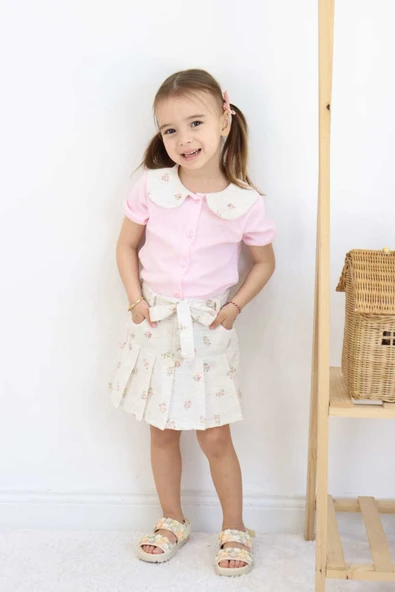 ESİLA KİDS Kız Çocuk Bebe Yakalı Çiçek Desenli Şort Etek Takım Yazlık Günlük Kombin 3-6 yaş - 7