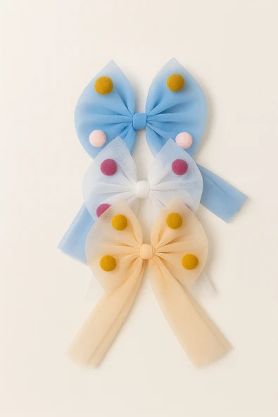 ESİLA KİDS Kız Çocuk Toka Renkli Ponponlu Tül Fiyonk Lastikli Toka 3 'lü Set - 5