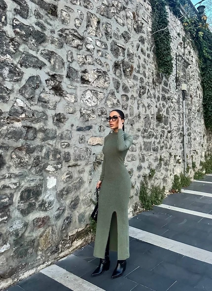 Yırtmaçlı kalın bürümcük uzun elbise Yeşil - 2