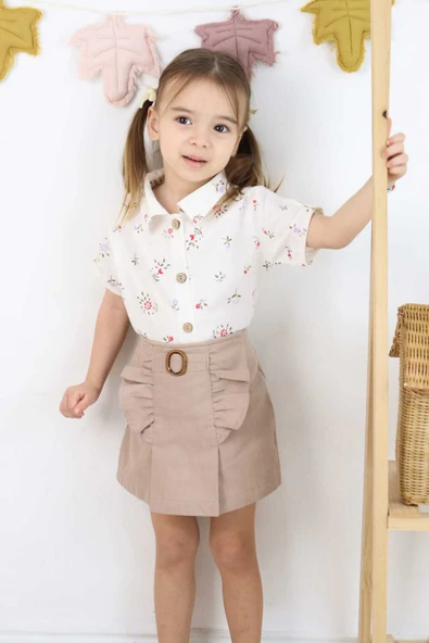 ESİLA KİDS Kız Çocuk Etekli Şortlu Takım Bayramlık Çiçek Desenli Gömlek 3-6 Yaş - 12