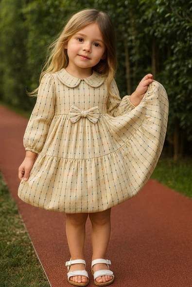 ESİLA KİDS Kız Çocuk Elbise Brode Yakalı Çizgili Balon Etek Elbise Uzun Kollu Kuşaklı 3-7 Yaş ürün görseli