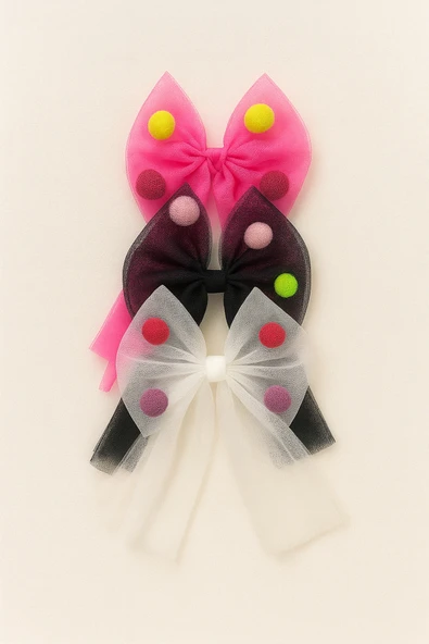 ESİLA KİDS Kız Çocuk Toka Renkli Ponponlu Tül Fiyonk Lastikli Toka 3 'lü Set