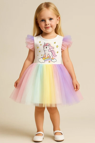 ESİLA KİDS Kız Çocuk Unicorn Elbise Tüllü Elbise Rengarenk Doğum Günü Ve Parti Elbisesi 1-9 Yaş ürün görseli