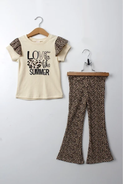 ESİLA KİDS Kız Çocuk Leopar Desenli Yazlık Ikili Takım Kısa Kollu Tişört Ve Tayt - Resim 5