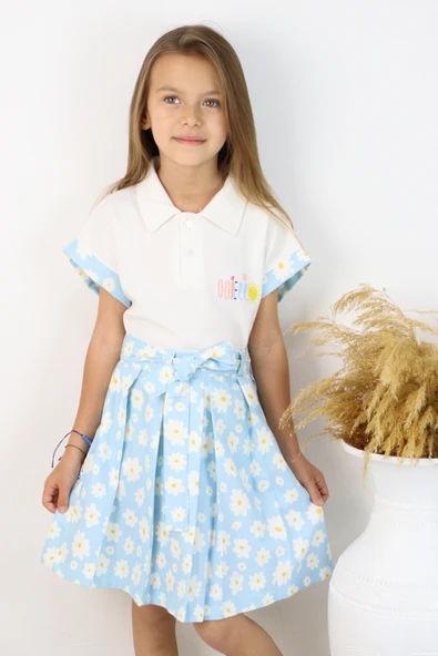 ESİLA KİDS Kız Çocuk Takım Polo Yaka Çiçek Desenli Kemerli Pileli Etek 2’li Takım Yazlık Kombin 4-8 yaş