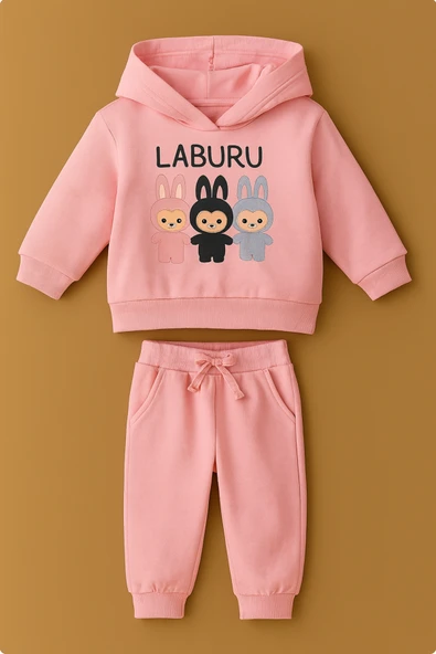 ESİLA KİDS Kız Çocuk Eşofman Takımı Labubu Takım Kapüşonlu Baskılı Sweatshirt ve Pantolon - 9