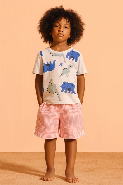 ESİLA KİDS Dinozor Desenli Kısa Kollu Pamuklu Erkek Çocuk Tişört - Resim 8