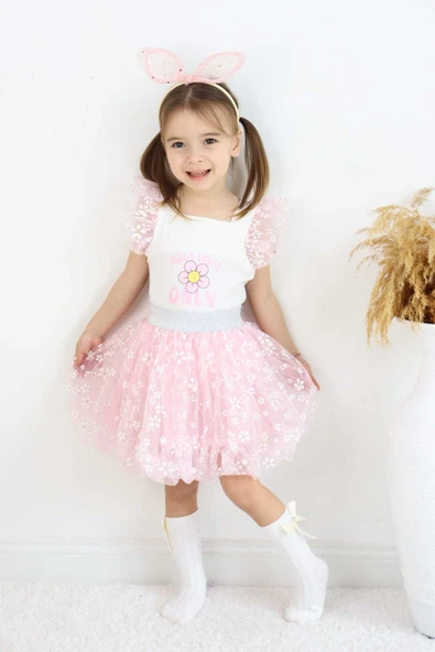 ESİLA KİDS Kız Çocuk Takım Tüllü Balon Etek Ve Üst 2'li Baskılı Kolları Fırfırlı Takım 3-6 Yaş - Resim 3