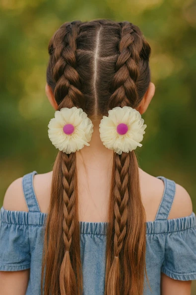 ESİLA KİDS Kız Çocuk Toka Organze Tüllü Ponpon Detaylı Lastikli Saç Toka 2'Li Set