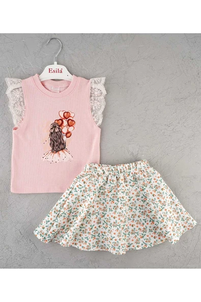ESİLA KİDS Kız çocuk baskılı şort etekli badili takım 3-6 - Resim 6