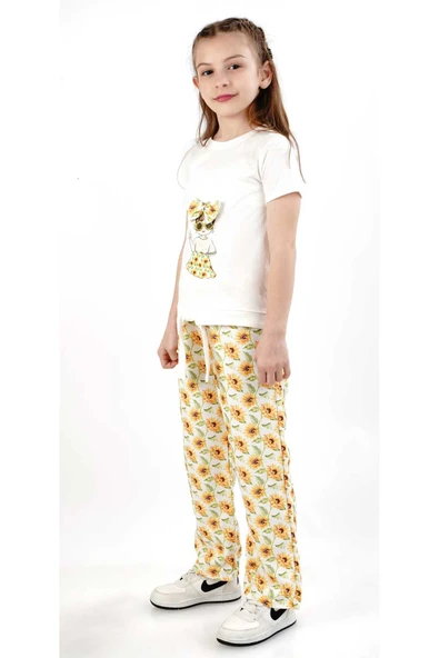 ESİLA KİDS Kız Çocuk Ayçiçek Desenli Tişört Ve Pantolon Takımı 2-9 Yaş - Yazlık 2'li Set - Sarı - 2