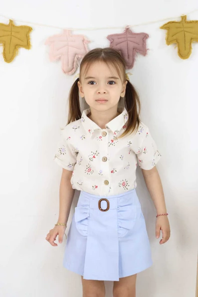 ESİLA KİDS Kız Çocuk Etekli Şortlu Takım Bayramlık Çiçek Desenli Gömlek 3-6 Yaş - 4