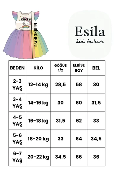 ESİLA KİDS Kız Çocuk Unicorn Elbise Tüllü Elbise Rengarenk Doğum Günü Ve Parti Elbisesi 1-9 Yaş - Resim 7